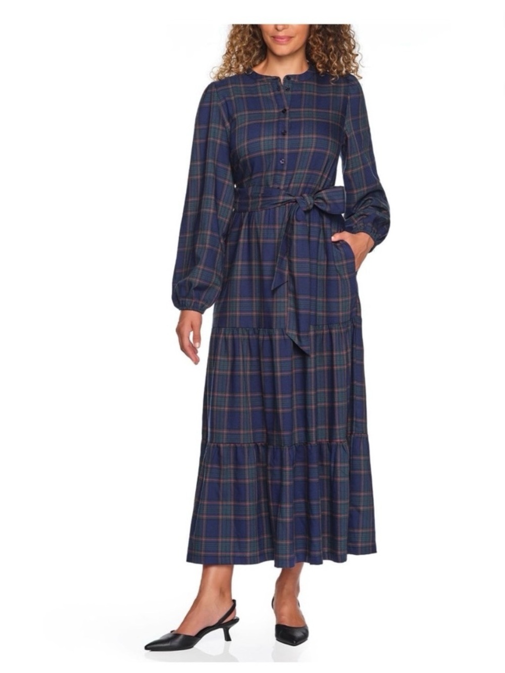 Lands' End Navy Plaid Long-Sleeve Maxi Dress with Tie Waist